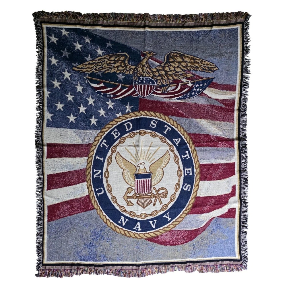 US Navy Tapestry Throw American Flag Eagle Seal Woven Fringed 50x60